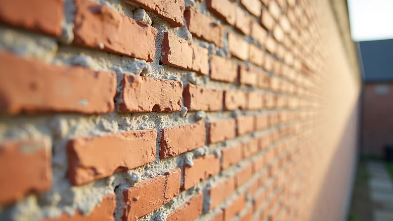 Mur de brique d’une façade calaisienne, joints de chaux en lumière rasante