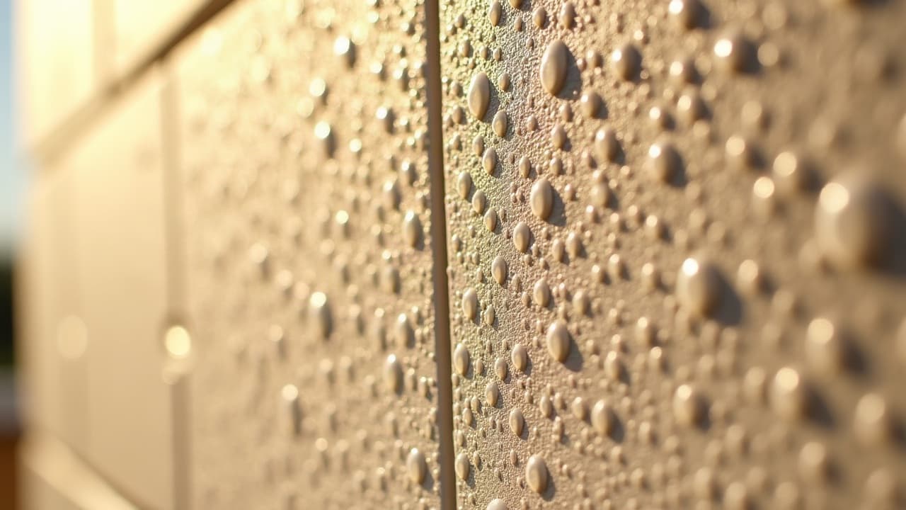 Gouttes d'eau perlant sur une façade enduite traitée à l'hydrofuge