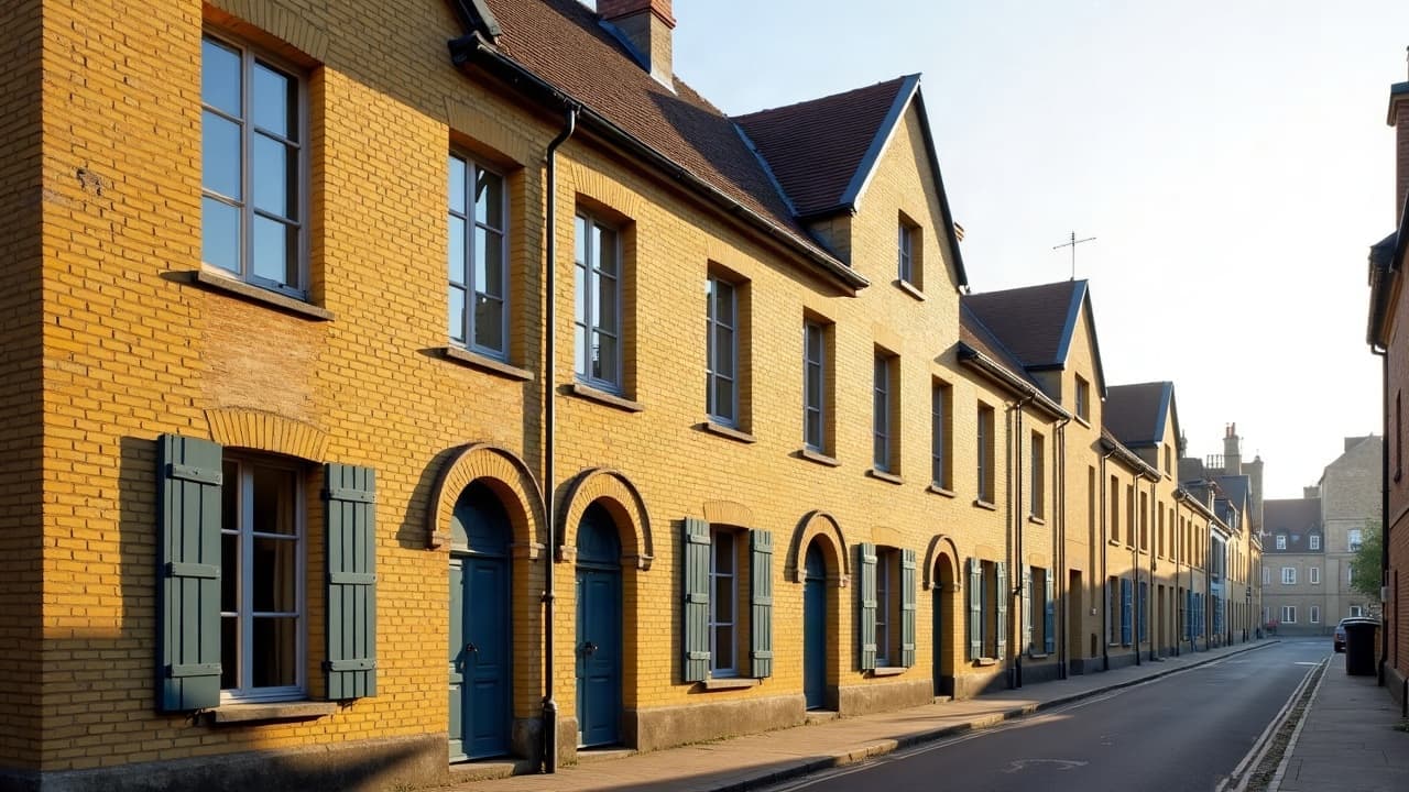Rue en enfilade de maisons en brique jaune à Calais, façades propres et portes cintrées bleues, lumière de fin de journée, aucune personne visible