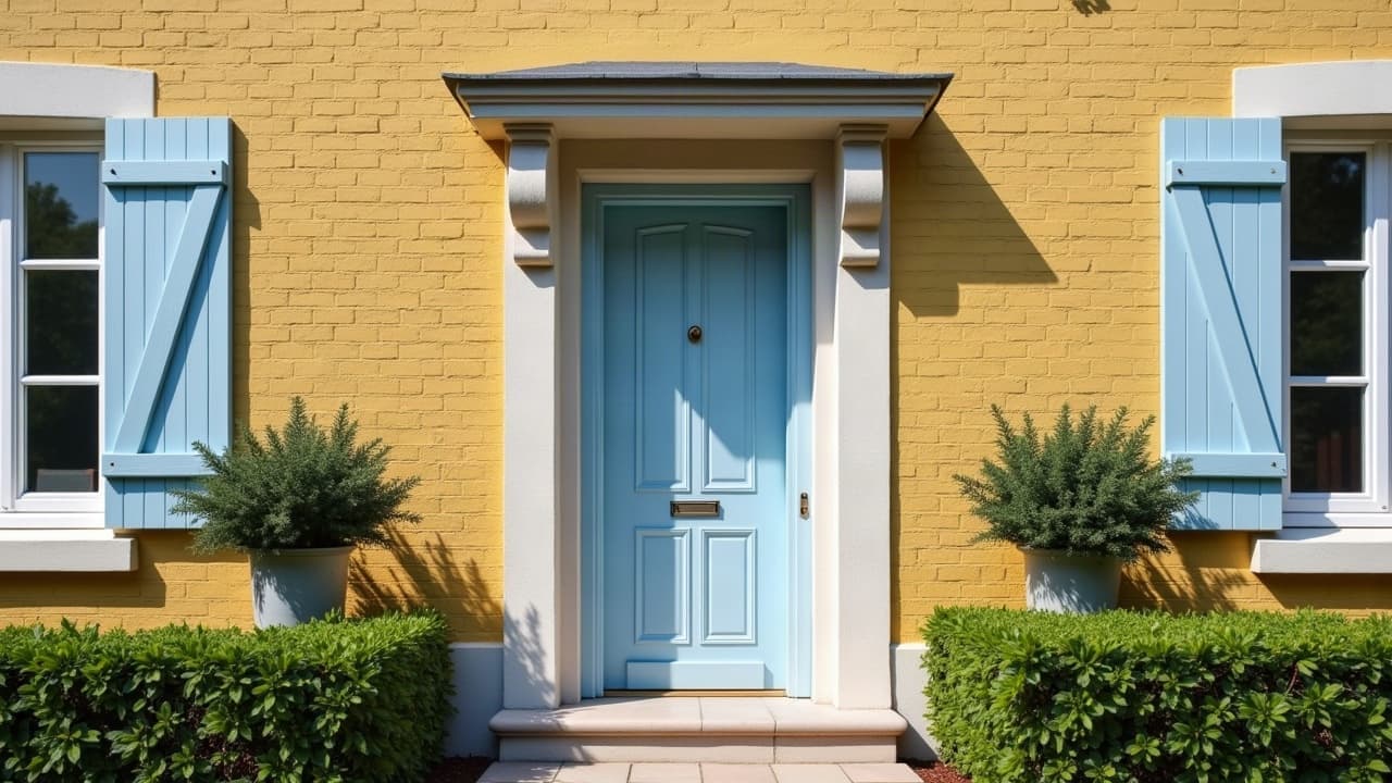 Porte d'entrée bleu pâle fraîchement repeinte, encadrement en pierre claire sur une façade en brique jaune à Calais, aucune personne visible