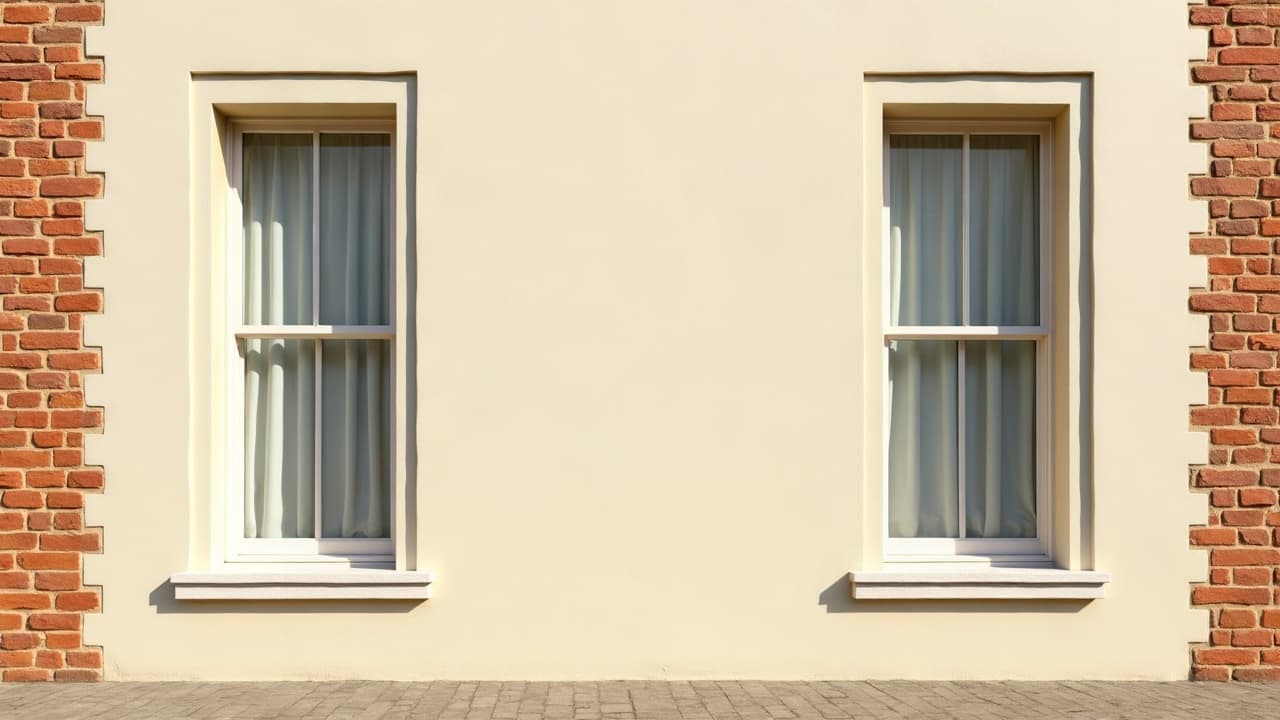 Façade enduite crème et angle de brique apparente, sous un ciel changeant