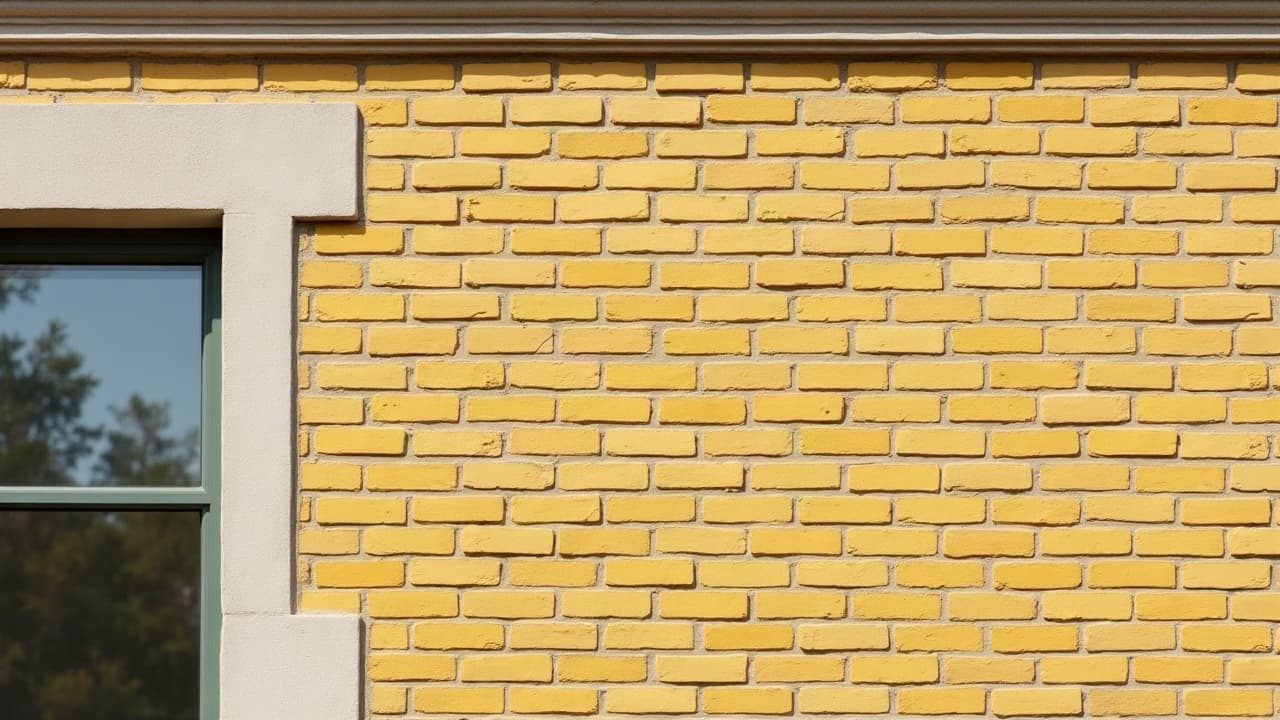Mur en brique jaune avec encadrement de fenêtre en pierre claire