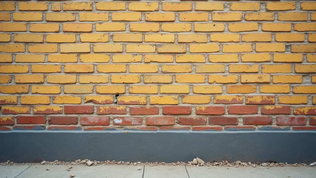 Pied de mur en brique jaune et rouge où l'humidité marque la base du mur